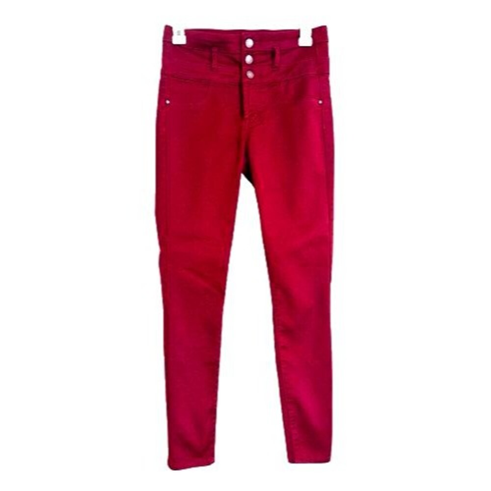 Refuge Skinny Leg High Waisted 3 Button Pants Women's Size 6 Red Burgundy